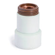 A cylindrical, white plastic Lincoln Tomahawk 1500 Retaining Cap (Contact) (LC105) KP4141-8 features a wide base tapering to a narrower top with visible brown metallic threading and a textured surface, designed for plasma systems.