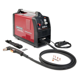 Lincoln Tomahawk 375 Air Plasma Cutter K2806-1 with torch, power cord, accessories, and strap in red/black on white—WeldingMart.