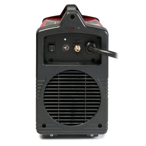 Lincoln Tomahawk 375 Plasma Cutter rear view with power cord, ventilation grill, welding tool cables—ideal for portable metal cutting.
