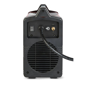 Lincoln Tomahawk 45 plasma cutter rear view with 20' hand torch, power switch, fan, cord, brass connector, vented panels—WeldingMart.
