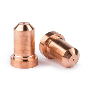 Two Lincoln Tomahawk LC40 Nozzle Direct Contact, 25A KP2843-9 plasma nozzles are shown on a white background—one upright and one lying down—highlighting the central hole at each tip; ideal as Lincoln plasma consumables.