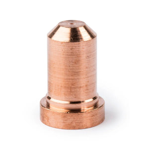 A close-up of a Lincoln Tomahawk LC40 Nozzle Direct Contact, 25A KP2843-9 shows its copper finish, cylindrical shape, tapered top with central hole, and polished surface. Compatible with Lincoln plasma consumables for Tomahawk 625, on a white background.