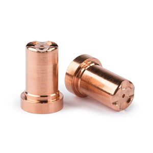 Two cylindrical, copper-colored Lincoln Tomahawk LC40 Nozzle Direct Contact, 40A KP2843-3 electrodes—compatible with plasma consumables—feature flat grooved tops and flared bases, shown upright and on their side against a white background.