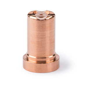 A Lincoln Tomahawk LC40 Nozzle Direct Contact, 40A KP2843-3—a small, cylindrical, shiny copper plasma consumable with a flat base, rounded top, cross-shaped indentation, and three holes—is shown on a white background.