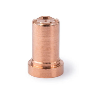 A single Lincoln Tomahawk LC40 Nozzle Direct Contact, 40A KP2843-3, copper-colored and polished, stands upright on a white background. Its smooth surface and central mark hint at its design for precise plasma cutting applications.