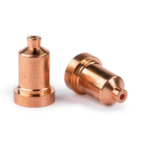 Two Lincoln Tomahawk LC40 Nozzle Gouging KP2843-4 copper parts with a polished finish, each featuring a wide base, narrow top, and central hole; one is upright while the other lies on its side.