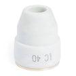 The Lincoln Tomahawk LC40 Retaining Cap, Standard KP2843-5, is a white ceramic nozzle with a smooth finish, metallic base ring, and “LC 40” printed in black. Designed for Tomahawk 625 plasma systems; perfect as a Lincoln plasma consumable.