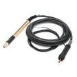 The Lincoln Tomahawk LC40M Machine Plasma Torch 20 ft (6 m) K2847-2, with a beige and black handle and long black cable, is coiled neatly on a white background—ideal for CNC plasma cutting with the Tomahawk 625.