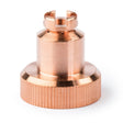 The Lincoln Tomahawk LC65 Drag Shield 50A, 60A KP2844-11 is a copper-toned plasma consumable with a grooved base, four top notches, and fine ridges at the bottom edge, shown on a white background.
