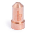 The Lincoln Tomahawk LC65 Nozzle, 40A KP2844-2 is a copper-colored cylindrical plasma cutter nozzle with a conical tip and visible technical engravings, designed for the Tomahawk 1000. It stands upright on a white surface, ideal for precise plasma cutting.