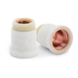 Two white cylindrical connectors, compatible with Lincoln plasma consumables for the Tomahawk 1000, feature copper-colored threaded interiors. One stands upright while the other lies on its side against a plain white background—ideal for plasma cutting setups.