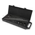 A black plastic case with a handle, open to reveal a set of metal tools—ideal for use with the Lincoln K2886-1 plasma circle cutting guide and Tomahawk plasma torch—neatly arranged in custom slots.