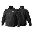Two views of this black Lincoln K2985-XXXL Traditional FR Cloth Welding Jacket 3XL with snap buttons: the front has a Lincoln Electric logo, and the back features a small logo below the collar. This flame-retardant jacket provides safety and comfort.