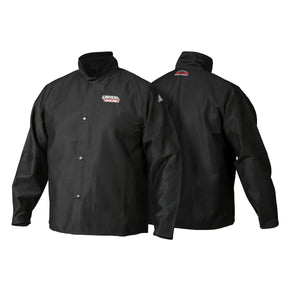 Two views of the Lincoln K2985-L Traditional FR Cloth Welding Jacket (Large) in black, made from durable flame-retardant cotton. 