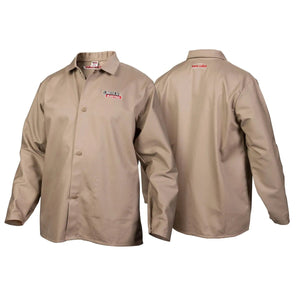 Two Lincoln K3317-2XL Traditional Khaki FR Cloth Welding Jackets are shown, one front and one back. The 2XL jacket has buttons and a Lincoln Electric logo on the left chest and centered below the collar on the back.