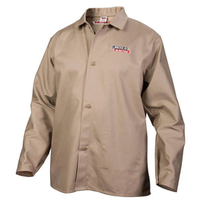 The Lincoln K3317-L Traditional Khaki FR Cloth Welding Jacket, size large, features long sleeves, snap buttons, a collar, and the Lincoln Electric logo patch—durable and ideal for welding or industrial use. Shown on a plain white background.