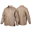 Two views of the Lincoln K3317-M Traditional Khaki FR Cloth Welding Jacket (Medium) are shown—front displays the Lincoln Electric logo on the left chest, back shows the same red and white logo near the collar. Made from durable flame-resistant cotton.