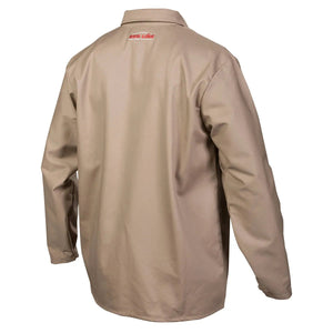 The Lincoln K3317-M Traditional Khaki FR Cloth Welding Jacket (Medium) is shown from the back, featuring smooth, slightly shiny fabric, a small red and white logo below the collar, a loose fit, and cuffed sleeves without visible fasteners.
