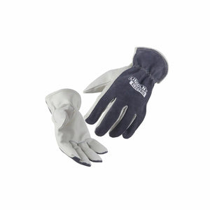 The Lincoln Traditional Leather Grey Driving Gloves XL K3769-XL feature gray fabric backs, white leather palms and fingers, reinforced stitching, extended cuffs for protection, and the Lincoln Electric logo on one glove.