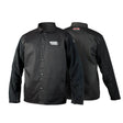 Two black split leather welding jackets are shown, one facing forward and one backward. The jackets have button-up fronts, black suede sleeves, and a logo on the chest of the front-facing jacket.