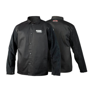 Two black split leather welding jackets are shown, one facing forward and one showing the back. Both feature snap-button fronts, black suede sleeves, and Lincoln Electric logo patches on the chest and upper back.