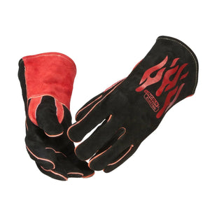 The Lincoln Traditional Stick/MIG Welding Gloves K2979-ALL feature long black and red split cowhide with flame designs, ENCOUR WELDING text, and reinforced red cuffs and thumbs for superior heat resistance during tough welding jobs.