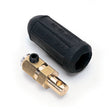 A brass welding cable connector fitting with a black screw and a separate black rubber hexagonal cap or grip, both placed on a white background; compatible with Lincoln Twist Mate Plug and rated for 350 amp capacity.