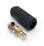 A Lincoln brass electrical connector, compatible with Twist Mate plug welding cables, features a threaded black screw and a black rubber insulating cover, all placed beside each other on a white background.