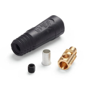 A black rubber welding cable connector housing, a brass Lincoln Twist Mate Plug (K852-25), a small metal sleeve, and a black screw are arranged on a white background.