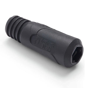 A black, cylindrical Lincoln Twist Mate Plug welding cable connector with a ridged grip on one end and an opening on the other. Text and symbols, including K852-25, are embossed on the side. The connector is placed on a white background.