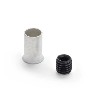 A cylindrical silver metal sleeve next to a small black hex socket set screw, resembling components of a Lincoln Twist Mate Plug K852-25 welding cable connector, both placed on a white background.
