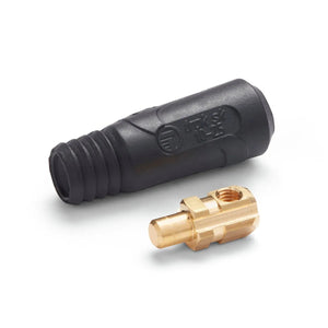A black rubber welding cable connector, compatible with the Lincoln Twist Mate Plug K852-25, comes with a separate gold-colored brass fitting, both displayed on a white background.