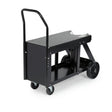 The Lincoln Utility Cart (150 cu.ft bottle capacity) K520-1 features a sturdy black frame, large rear wheels, front casters, flat top, open sides, and a tall push handle—perfect for heavy loads or use as a versatile welding cart.
