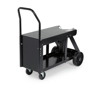 The Lincoln Utility Cart (150 cu.ft bottle capacity) K520-1 features a sturdy black frame, large rear wheels, front casters, flat top, open sides, and a tall push handle—perfect for heavy loads or use as a versatile welding cart.