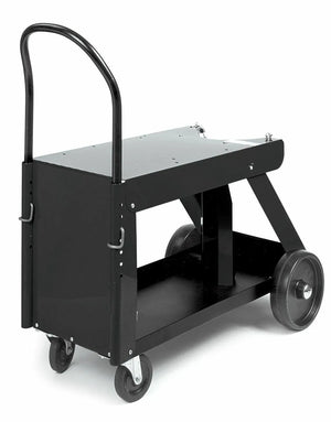 A black metal gas cylinder cart with an adjustable handle, two large rear wheels, and two smaller front swivel casters, designed for transporting heavy items or welding accessories.