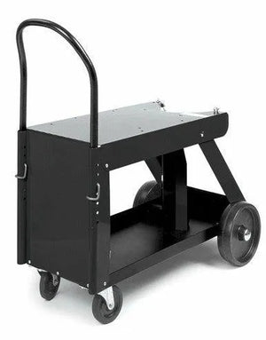 A black metal utility cart with an adjustable handle, two large rear wheels, and two smaller front wheels. The cart has a flat top surface and an open lower shelf—ideal for storage, transport, or use as a gas cylinder cart.