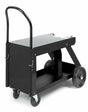 A black metal utility cart with an adjustable handle, two large rear wheels, and two smaller front wheels. The cart has a flat top surface and an open lower shelf—ideal for storage, transport, or use as a gas cylinder cart.