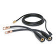 Two black Twist Mate to Stud cables with copper terminals on one end and black protective covers with metal connectors on the other, alongside a coiled black braided cable with a brass connector for PRO-Torch TIG Torches.