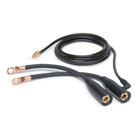 Two black Twist Mate to Stud cables with copper terminals on one end and black protective covers with metal connectors on the other, alongside a coiled black braided cable with a brass connector for PRO-Torch TIG Torches.