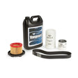 The Lincoln Vanair 500 Hour Compressor Service Kit K5494-1 includes all essential components for Ranger Air 260MPX maintenance: a black oil jug, cylindrical white filter, small canister, red-rimmed air filter, and ribbed drive belt.