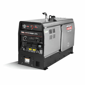 The Lincoln Vantage 441X Engine Driven Welder Perkins (K4535-1) is a large, industrial diesel welder with a black front panel featuring gauges, switches, and sockets, plus a silver body with red and white Lincoln Electric logo and side vents.