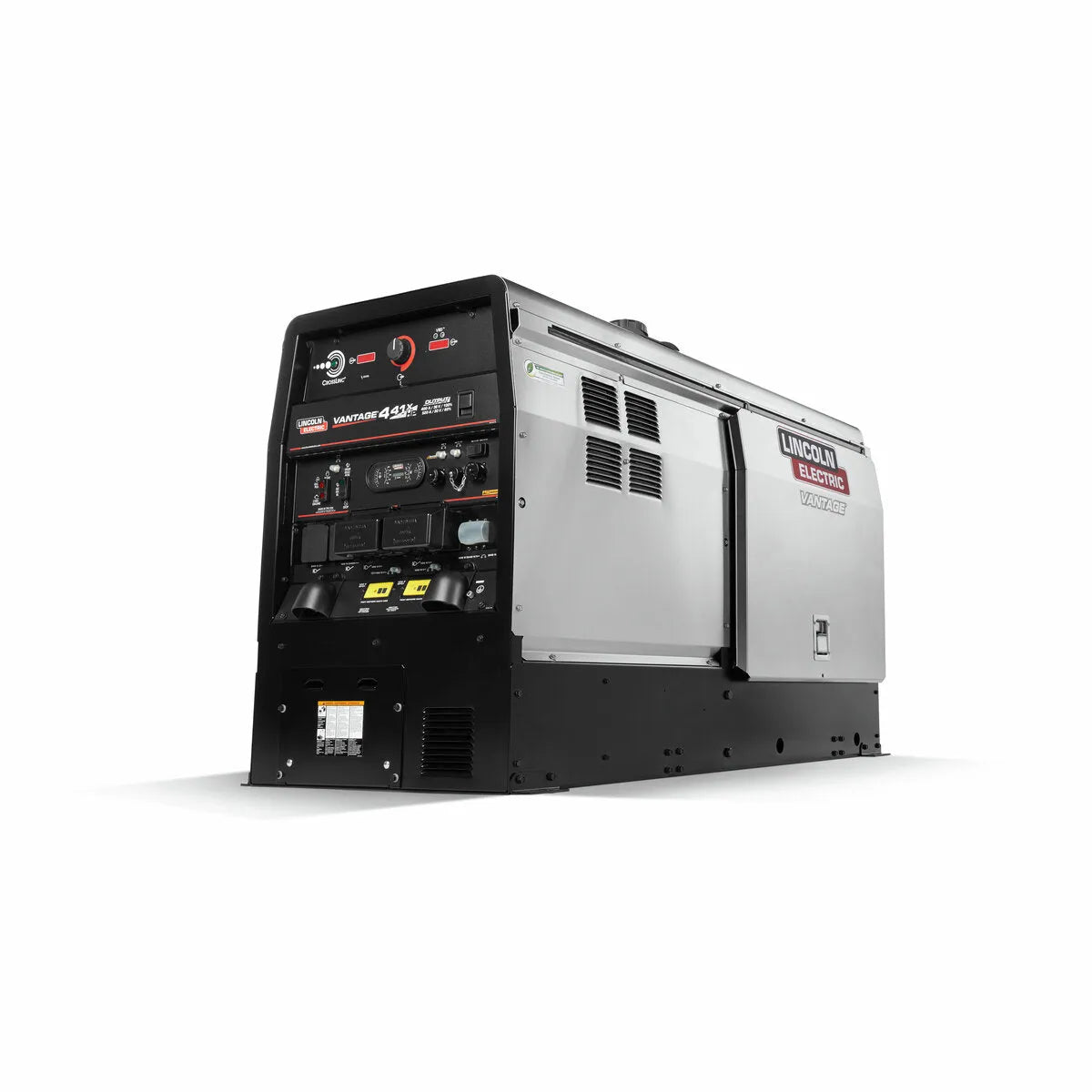 The Lincoln Vantage 441X Engine Driven Welder Perkins (K4535-1) is a robust diesel-powered welder/generator with a black base, silver body, versatile control panel with dials, switches, outlets, ventilation grilles, and side branding.