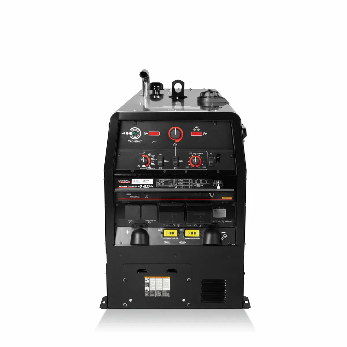 A black Lincoln Vantage 441X Engine Driven Welder Perkins - K4535-1 stands upright against a white background, featuring multiple dials, switches, meters, labels, indicators, and connectors on its front control panel.