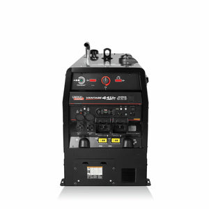 A black Lincoln Vantage 441X Engine Driven Welder Perkins (K4535-1) is shown front-facing, displaying dials, switches, gauges, labeled outlets, and multiple power sockets and connectors on the lower section.