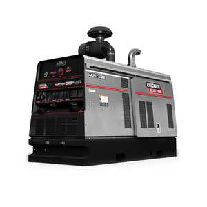 The Lincoln Vantage 566X Engine Driven Welder Deutz (K3239-3) is a large, industrial gray and black welder with red accents, featuring CrossLinc Technology, a control panel with dials and switches, top exhaust pipe, and side vents on a black platform.