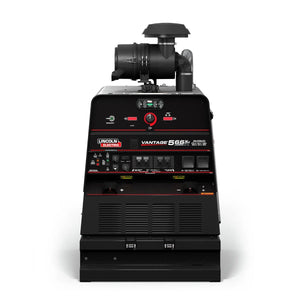 Front view of the Lincoln Vantage 566X Engine Driven Welder Deutz - K3239-3, featuring black and red design, control panels, gauges, dials, top exhaust stack, multiple ports and vents, plus advanced CrossLinc Technology for remote operation.