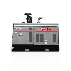 A gray Lincoln Vantage 566X Engine Driven Welder Deutz (K3239-3) with ventilation panels, branded logo, and top exhaust pipes sits on a black base. Front and side views are shown against a white background with red accent lines.