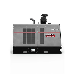 A gray industrial Lincoln Vantage 566X Engine Driven Welder Deutz - K3239-3 features a vented front panel, side exhaust pipe, and branded logo, shown on a black base against a plain white background.