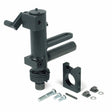 The Lincoln Vertical Lift Adjuster K29, a black metal router lift with a cylindrical body, side handle, and mounting clamp, is shown with its mounting bracket, bolts, washers, and metal plates laid out on a white background.