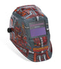 The Lincoln VIKING 1740 Game On Welding Helmet - K5562-3 features a bold design with red, gray, and yellow mechanical graphics and dials, a rectangular auto-darkening “VIKING” lens, and “GAME ON” in pixelated font.